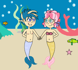 Size: 1413x1262 | Tagged: safe, artist:ocean lover, imported from derpibooru, kettle corn, skeedaddle, fish, merboy, mermaid, starfish, belly button, blushing, bra, bubble, chest, coral reef, cute, female, fish tail, holding hands, humanized, implied shipping, in love, kedaddle, kelp, kids, looking at each other, looking at someone, male, male nipples, mermaid tail, mermaidized, nipples, nudity, ocean, seashell bra, seaweed, shipping, species swap, straight, tail, underwater