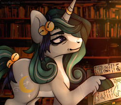 Size: 960x833 | Tagged: safe, artist:saltytangerine, imported from derpibooru, oc, oc:mystic the wise, unicorn, bells, book, bookshelf, bow, green hair, horn, horn ring, library, next generation, parent:clover the clever, parent:star swirl the bearded, purple eyes, reading, ring, tail, tail bow, unicorn oc