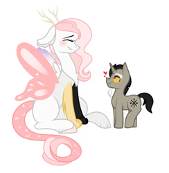 Size: 1280x1309 | Tagged: source needed, useless source url, safe, artist:sugarcubecreationz, imported from derpibooru, discord, oc, oc:sweetheart, draconequus, pony, unicorn, blushing, butterfly wings, canon x oc, cute, floating heart, heart, ms paint, photo, ponified, shipping, simple background, size difference, species swap, white background, wings