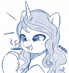 Size: 1953x2048 | Tagged: safe, artist:maren, imported from derpibooru, izzy moonbow, pony, unicorn, cup, doodle, female, food, g5, horn, mare, my little pony: a new generation, open mouth, solo, tea