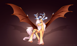 Size: 1815x1084 | Tagged: safe, artist:scarlet-spectrum, artist:scarlett-sketches, imported from derpibooru, oc, oc only, oc:silver veil, bat pony, pony, antlers, bat pony oc, concave belly, large wings, long tail, slim, solo, spread wings, tail, thin, wings