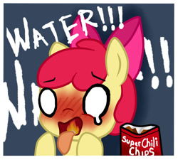 Size: 1000x900 | Tagged: safe, artist:arielsbx, imported from derpibooru, apple bloom, earth pony, pony, ask little applebloom, chips, dialogue, emoji challenge, female, filly, fire, food, simple background, solo, spicy, tongue out