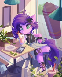 Size: 3331x4096 | Tagged: safe, artist:saxopi, imported from derpibooru, pipp petals, pegasus, semi-anthro, bow, clothes, drinking, food, g5, glasses, headphones, ice cream, leaves, milkshake, my little pony: a new generation, paper bag, phone, plant, shoes, skirt, solo, vase