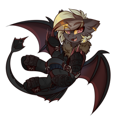 Size: 1485x1563 | Tagged: safe, artist:star-theft, imported from derpibooru, oc, oc only, bat pony, pony, armor, belt, boots, claws, clothes, ear piercing, earring, eye clipping through hair, eyebrows, eyebrows visible through hair, female, jacket, jewelry, looking at you, mare, open mouth, open smile, piercing, shoes, simple background, smiling, solo, spread wings, transparent background, wings