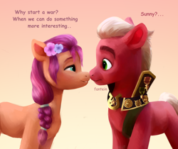 Size: 2320x1949 | Tagged: safe, artist:fantein, imported from derpibooru, sprout cloverleaf, sunny starscout, earth pony, pony, adventure in the comments, bedroom eyes, boop, couple, emperor sprout, female, female on male, flower, flower in hair, g5, looking at each other, looking at someone, male, mare, mare on stallion, medals, my little pony: a new generation, noseboop, shipping, simple background, stallion, straight, sunnysprout