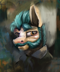 Size: 1140x1380 | Tagged: safe, artist:richmay, imported from derpibooru, hitch trailblazer, earth pony, pony, alcoholism, beard, bust, crossover, disco elysium, facial hair, g5, male, my little pony: a new generation, older, ponified, portrait, smiling, smirk, stallion