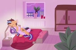 Size: 1024x683 | Tagged: safe, artist:exobass, imported from derpibooru, starlight glimmer, oc, oc:steppi, pegasus, pony, unicorn, bed, bedroom, blanket, candle, canon x oc, cloud, cuddling, dawn, eye clipping through hair, eyelashes, eyes closed, female, floppy ears, folded wings, indoors, lying down, male, on side, pegasus oc, pillow, plant, sky, smiling, straight, window, wings