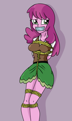 Size: 1281x2132 | Tagged: safe, artist:splendidbondage, imported from derpibooru, cheerilee, equestria girls, bondage, bound and gagged, clothes, female, gag, purple background, rope, rope bondage, simple background, skirt, solo, tape, tape gag