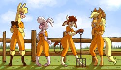 Size: 1280x742 | Tagged: safe, artist:jarethnerl, imported from derpibooru, applejack, alpaca, anthro, cow, earth pony, pony, sheep, unguligrade anthro, them's fightin' herds, arizona (tfh), clothes, cloven hooves, community related, cuffs, fence, handcuffed, paprika (tfh), pitchfork, pom (tfh), prison outfit, prisoner aj