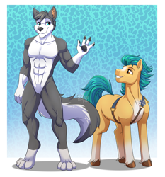 Size: 4000x4300 | Tagged: safe, artist:jack-pie, imported from derpibooru, hitch trailblazer, anthro, digitigrade anthro, earth pony, pony, wolf, absurd resolution, commission, duo, featureless crotch, furry, g5, male, muscles, my little pony: a new generation, passepartout, paw pads, smiling, stallion