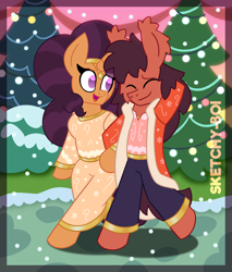 Size: 3400x4000 | Tagged: safe, artist:snakeythingy, imported from derpibooru, saffron masala, oc, oc:sketchy dupe, anthro, semi-anthro, unguligrade anthro, arm hooves, canon x oc, christmas, female, hearth's warming eve, holiday, male, story included, straight