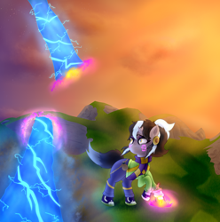 Size: 1690x1706 | Tagged: safe, artist:moonlightrift, imported from derpibooru, oc, oc:violet aurora, pony, unicorn, artifacts, blast, broken horn, clothes, horn, jacket, jewelry, laser, magic, magic beam, magic blast, portals, runes, solo, sunset, unicorn oc