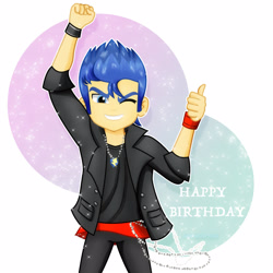 Size: 1600x1600 | Tagged: safe, artist:jucamovi1992, imported from derpibooru, flash sentry, equestria girls, clothes, happy birthday, jewelry, male, necklace, one eye closed, smiling, vincent tong, wink