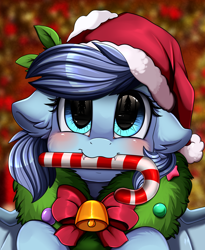 Size: 1446x1764 | Tagged: safe, artist:pridark, imported from derpibooru, part of a set, oc, oc only, bat pony, pony, candy, candy cane, christmas, commission, fangs, food, hat, holiday, part of a series, santa hat, solo, ych result