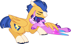 Size: 714x445 | Tagged: safe, artist:rickysocks, imported from derpibooru, flash sentry, oc, oc:starburst shine, alicorn, pegasus, pony, base used, comforting, crying, curved horn, duo, father and child, father and daughter, female, horn, hug, lying down, male, mare, offspring, parent:flash sentry, parent:twilight sparkle, parents:flashlight, prone, simple background, transparent background, winghug, wings
