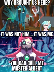 Size: 1024x1344 | Tagged: safe, edit, edited screencap, imported from derpibooru, screencap, cozy glow, lord tirek, queen chrysalis, centaur, changeling, pegasus, pony, robot, taur, the beginning of the end, caption, crossover, image macro, master albert, mega man (series), megaman zx, megaman zx advent, reploid, text