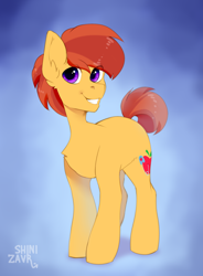 Size: 1080x1464 | Tagged: safe, artist:shinizavr, imported from derpibooru, oc, oc only, earth pony, pony, chest fluff, ear fluff, earth pony oc, eye clipping through hair, full body, male, purple eyes, smiling, solo, stallion, standing, tail, watermark