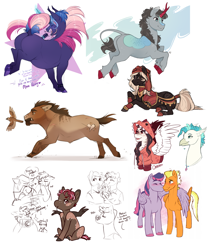 Size: 3193x3855 | Tagged: safe, artist:royvdhel-art, imported from derpibooru, oc, oc only, bird, classical hippogriff, hippogriff, pegasus, pony, unicorn, butt, clothes, high res, horn, hug, partial color, pegasus oc, plot, running, simple background, sketch, sketch dump, unicorn oc, white background, winghug, wings