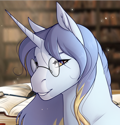 Size: 1054x1101 | Tagged: safe, alternate version, artist:royvdhel-art, imported from derpibooru, oc, oc only, pony, unicorn, book, bust, female, glasses, horn, mare, smiling, unicorn oc