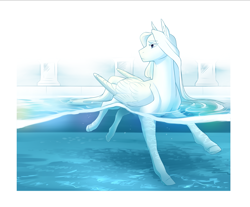 Size: 3487x2894 | Tagged: safe, artist:royvdhel-art, imported from derpibooru, oc, oc only, pegasus, pony, caustics, high res, looking back, passepartout, pegasus oc, solo, swimming, swimming pool, underwater, wings