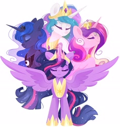 Size: 2163x2283 | Tagged: safe, artist:cinnamon_tee, imported from derpibooru, princess cadance, princess celestia, princess luna, twilight sparkle, alicorn, pony, the last problem, alicorn tetrarchy, crown, ethereal mane, eyes closed, female, glow, glowing horn, hoof shoes, horn, jewelry, magic, older, older twilight, peytral, princess twilight 2.0, regalia, royal sisters, siblings, sisters, smiling, spread wings, starry mane, twilight sparkle (alicorn), wings