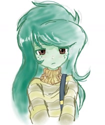 Size: 1080x1286 | Tagged: safe, artist:oaigo, imported from twibooru, wallflower blush, equestria girls, equestria girls series, clothes, female, freckles, image, looking at you, needs more jpeg, sad, simple background, solo, striped sweater, sweater, white background