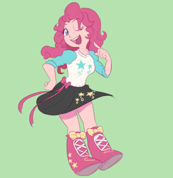 Size: 918x946 | Tagged: safe, artist:avirextin, imported from twibooru, pinkie pie, equestria girls, boots, bow, clothes, doll, equestria girls minis, female, green background, image, one eye closed, open mouth, png, pointing at self, shirt, shoes, simple background, skirt, smiling, solo, toy, wink