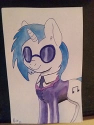 Size: 1932x2576 | Tagged: safe, artist:dr nick taco, imported from twibooru, dj pon-3, vinyl scratch, pony, unicorn, blue hair, female, glasses, image, mare, necktie, needs more jpeg, painting, photo, simple background, solo, traditional art, watercolor painting, white background