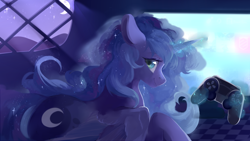Size: 1920x1080 | Tagged: safe, artist:haidiannotes, edit, editor:unofficial edits thread, imported from twibooru, princess luna, alicorn, pony, gamer luna, controller, ears, ethereal mane, female, floppy ears, image, looking at you, magic, mare, night, png, solo, starry mane, telekinesis, watermark removal