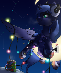 Size: 2500x3000 | Tagged: safe, artist:skitsniga, imported from twibooru, princess luna, alicorn, pony, chocolate, christmas, christmas lights, clothes, earmuffs, food, holiday, hot chocolate, image, png, scarf, slippers, solo