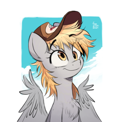Size: 2480x2454 | Tagged: safe, artist:fanzeem, edit, imported from ponybooru, derpy hooves, pegasus, pony, bust, cap, chest fluff, commission, cute, derpabetes, eye clipping through hair, eyebrows, eyebrows visible through hair, female, hat, mare, solo, watermark removal, wing fluff, wings