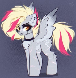 Size: 1747x1773 | Tagged: safe, artist:hydrargyrum, imported from twibooru, derpy hooves, pegasus, pony, choker, collar, cutie mark, eyeshadow, female, glare, highlights, image, makeup, mare, needs more jpeg, pierced ears, piercing, scar, simple background, solo