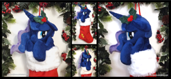 Size: 3780x1754 | Tagged: safe, artist:peruserofpieces, imported from derpibooru, princess luna, alicorn, pony, christmas, christmas stocking, cute, female, floppy ears, garland, hiding behind hooves, holiday, holly, horn, looking at you, lunabetes, mare, peruserofpieces is trying to murder us, shy, solo, wings