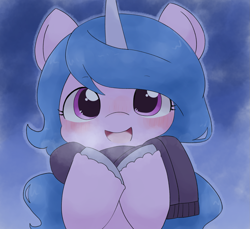 Size: 1707x1564 | Tagged: safe, artist:ginmaruxx, imported from derpibooru, izzy moonbow, pony, unicorn, blushing, breath, bust, clothes, cute, female, g5, izzybetes, looking at you, mare, my little pony: a new generation, scarf, solo, winter