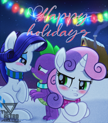 Size: 1600x1817 | Tagged: safe, artist:theretroart88, imported from derpibooru, rarity, spike, sweetie belle, dragon, pony, unicorn, boop, christmas, clothes, female, holiday, jealous, male, noseboop, scarf, shipping, sparity, straight, winter