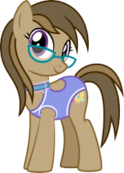 Size: 1561x2174 | Tagged: safe, artist:lightning stripe, derpibooru exclusive, imported from derpibooru, oc, oc only, oc:dawnsong, earth pony, pony, derpibooru community collaboration, 2022 community collab, brown coat, brown hair, brown mane, brown tail, clothes, collar, commission, eyelashes, female, glasses, mare, one-piece swimsuit, purple eyes, show accurate, simple background, smiling, solo, swimsuit, tail, transparent background, vector