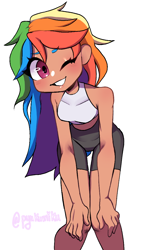 Size: 708x1100 | Tagged: safe, artist:pyukumeru, imported from derpibooru, rainbow dash, human, adorasexy, breasts, clothes, compression shorts, cute, dark skin, dashabetes, humanized, leaning forward, looking at you, one eye closed, sexy, signature, simple background, smiling, solo, sports bra, stupid sexy rainbow dash, white background, wink