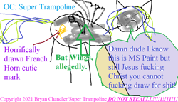 Size: 1074x616 | Tagged: safe, artist:super trampoline, imported from derpibooru, oc, oc only, oc:super trampoline, bat pony, 1000 hours in ms paint, bat pony oc, dialogue, donut steel, french horn, horrible, ms paint, ms paint skills almost non-existent, musical instrument, stylistic suck, vulgar