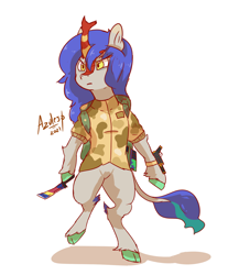 Size: 1400x1688 | Tagged: safe, artist:azulejo, imported from derpibooru, oc, oc:ryuko po, kirin, backpack, bipedal, clothes, counter-strike: global offensive, female, gun, hooves, horn, kirin oc, knife, military uniform, uniform, weapon