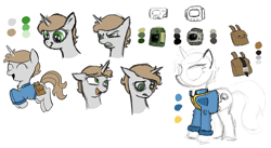 Size: 3113x1707 | Tagged: safe, artist:selles, imported from derpibooru, oc, oc:littlepip, pony, unicorn, fallout equestria, bag, expressions, female, mare, pipbuck, reference sheet, saddle bag