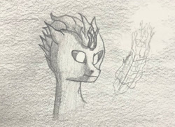 Size: 2176x1588 | Tagged: safe, artist:knightngame, imported from derpibooru, oc, oc:quantum, changeling, fire, minecraft, photo, sketch, solo, traditional art