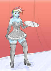 Size: 1300x1800 | Tagged: safe, artist:zachc, imported from derpibooru, rainbow dash, equestria girls, breasts, cleavage, clothes, dress, high heels, maid, rainbow maid, shoes, solo