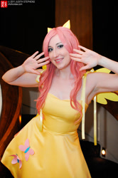 Size: 664x1000 | Tagged: safe, artist:starlighthoney, imported from derpibooru, fluttershy, human, armpits, bare shoulders, clothes, cosplay, costume, cutie mark on clothes, dragoncon, irl, irl human, photo, sleeveless, solo