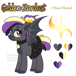 Size: 3141x3141 | Tagged: safe, artist:angie imagines, imported from derpibooru, oc, oc only, oc:golden stardust, bat pony, bat pony oc, bat wings, chest fluff, choker, clothes, eyebrows, fangs, fluffy, high res, multicolored hair, nonbinary, purple eyes, reference sheet, simple background, skirt, solo, transgender, transparent background, wings
