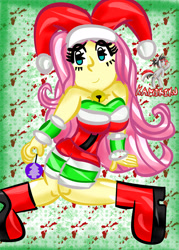 Size: 1500x2100 | Tagged: safe, artist:kamikiku, imported from derpibooru, fluttershy, equestria girls, breasts, busty fluttershy, christmas, clothes, costume, holiday, santa costume, sexy, sexy santa costume