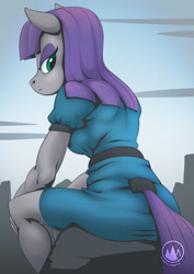 Size: 955x1351 | Tagged: safe, artist:mysticalpha, imported from derpibooru, maud pie, anthro, ass, boulder buns, butt, clothes, solo