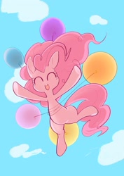 Size: 2048x2887 | Tagged: safe, artist:noupu, imported from derpibooru, pinkie pie, earth pony, pony, balloon, eyes closed, female, floating, happy, high res, low angle, mare, open mouth, open smile, smiling, solo, then watch her balloons lift her up to the sky