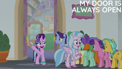 Size: 1280x720 | Tagged: safe, edit, edited screencap, editor:quoterific, imported from derpibooru, screencap, berry blend, berry bliss, citrine spark, fire quacker, huckleberry, november rain, peppermint goldylinks, silverstream, starlight glimmer, earth pony, hippogriff, pegasus, pony, unicorn, season 9, student counsel, butt, female, friendship student, male, mare, open mouth, open smile, plot, school of friendship, smiling, stallion