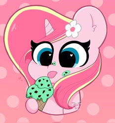 Size: 1911x2048 | Tagged: safe, artist:kittyrosie, imported from derpibooru, oc, oc only, oc:rosa flame, pony, unicorn, chocolate chips, flower, flower in hair, food, heart eyes, herbivore, horn, ice cream, mint, old art, solo, tongue out, unicorn oc, wingding eyes