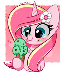 Size: 3554x4073 | Tagged: safe, artist:kittyrosie, imported from derpibooru, oc, oc only, oc:rosa flame, pony, unicorn, chocolate chips, cute, flower, flower in hair, food, herbivore, horn, ice cream, mint, ocbetes, redraw, solo, tongue out, unicorn oc